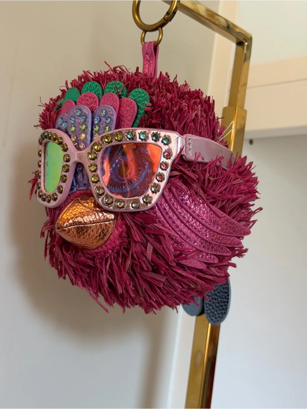 Kurt Geiger novelty Fuchsia Feather Pom-Pom Keychain with Sequin Sunglasses NIB
